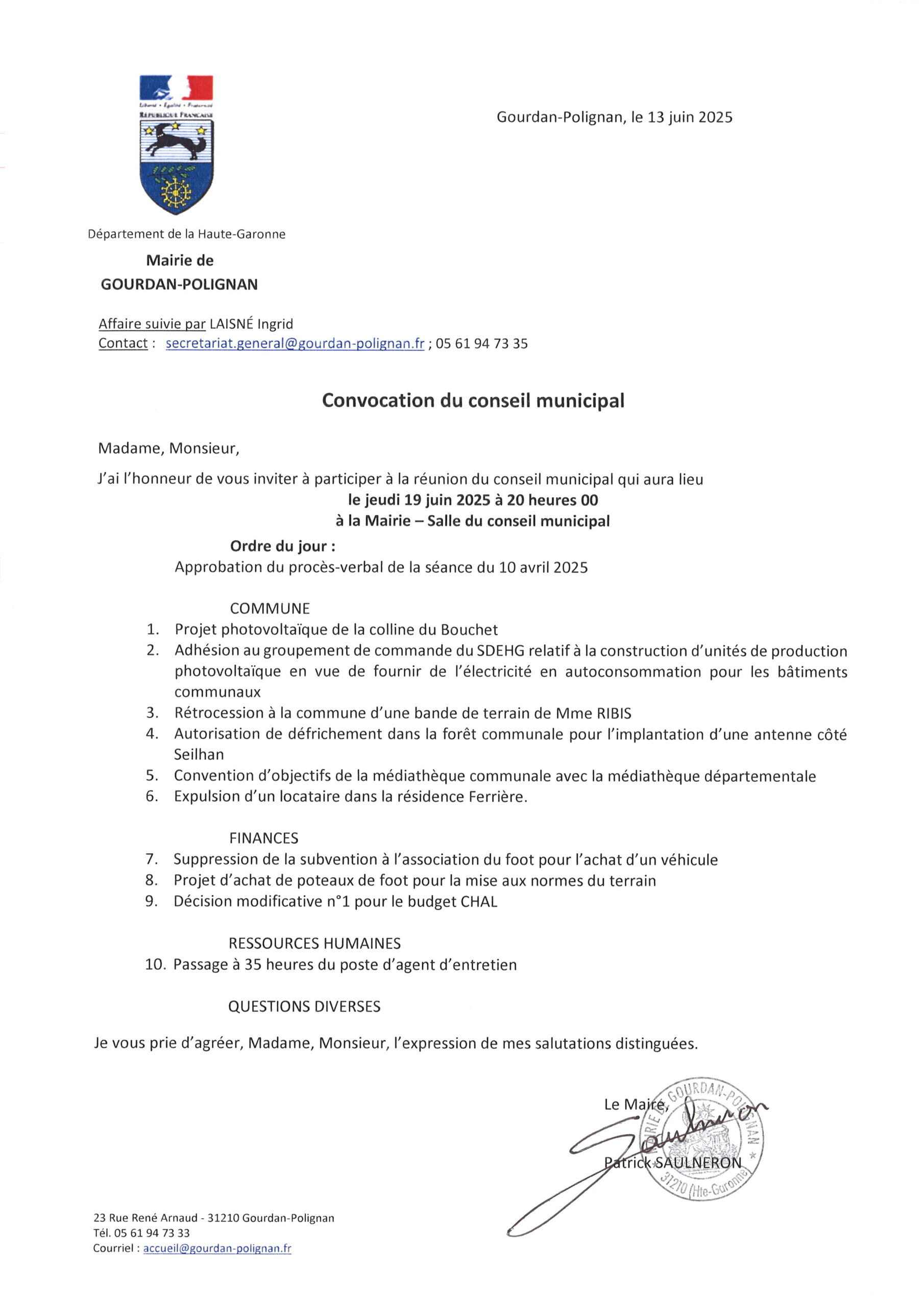 Prochain conseil municipal le 19 juin 2025