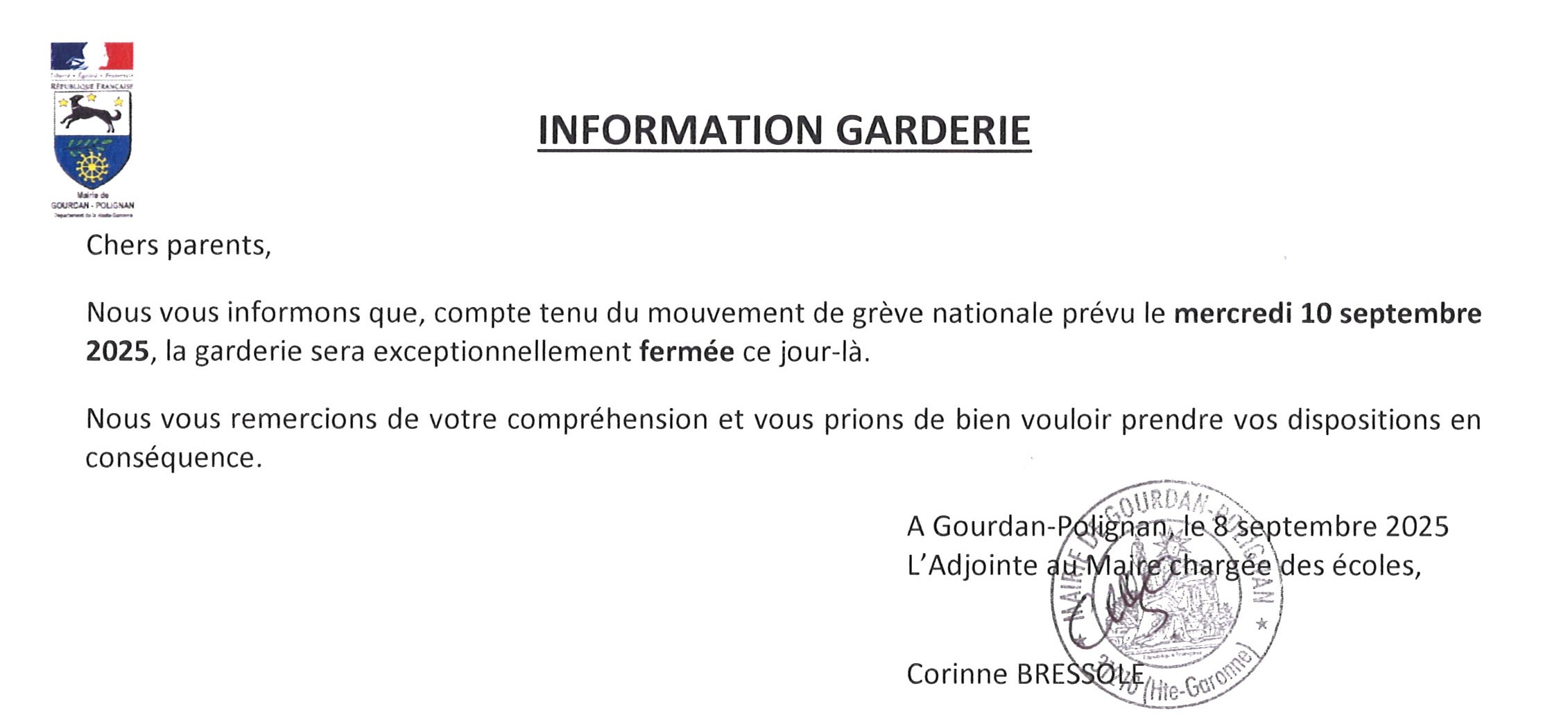 Fermeture exceptionnelle de la garderie municipale le mercredi 10 septembre 2025