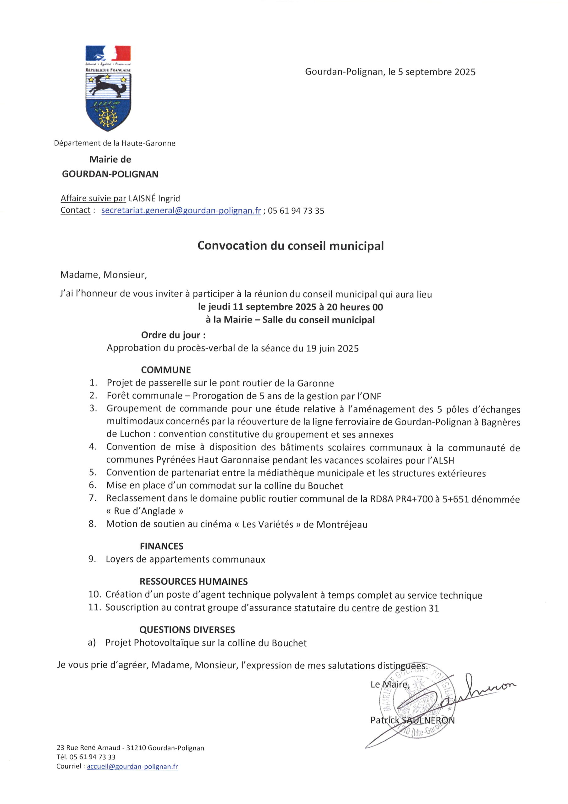 Conseil municipal du 11 septembre 2025 – Ordre du jour
