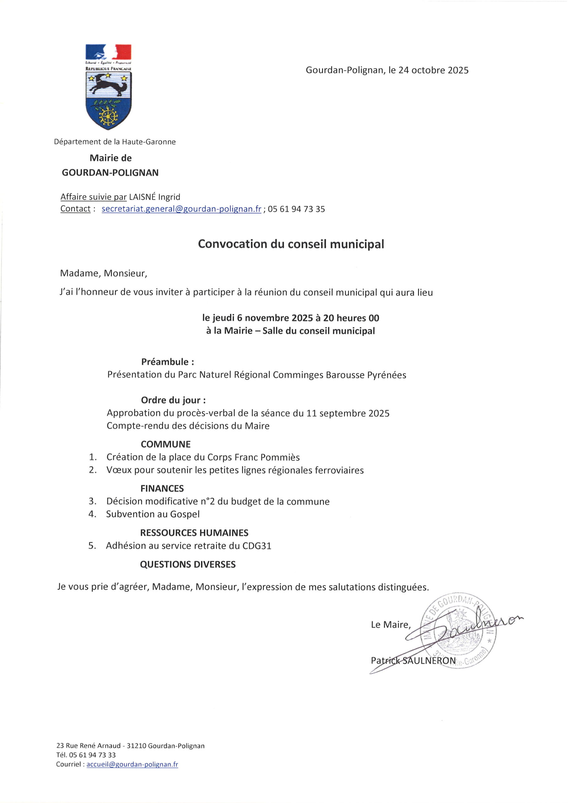 Conseil municipal du 6 novembre 2025