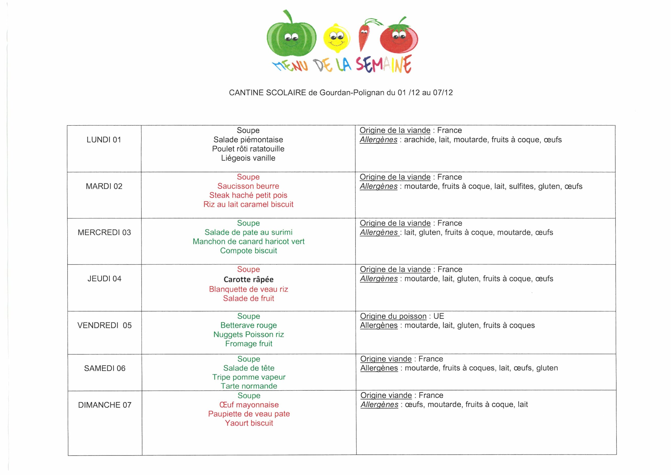 MENU DU 01 AU 07.12.2025