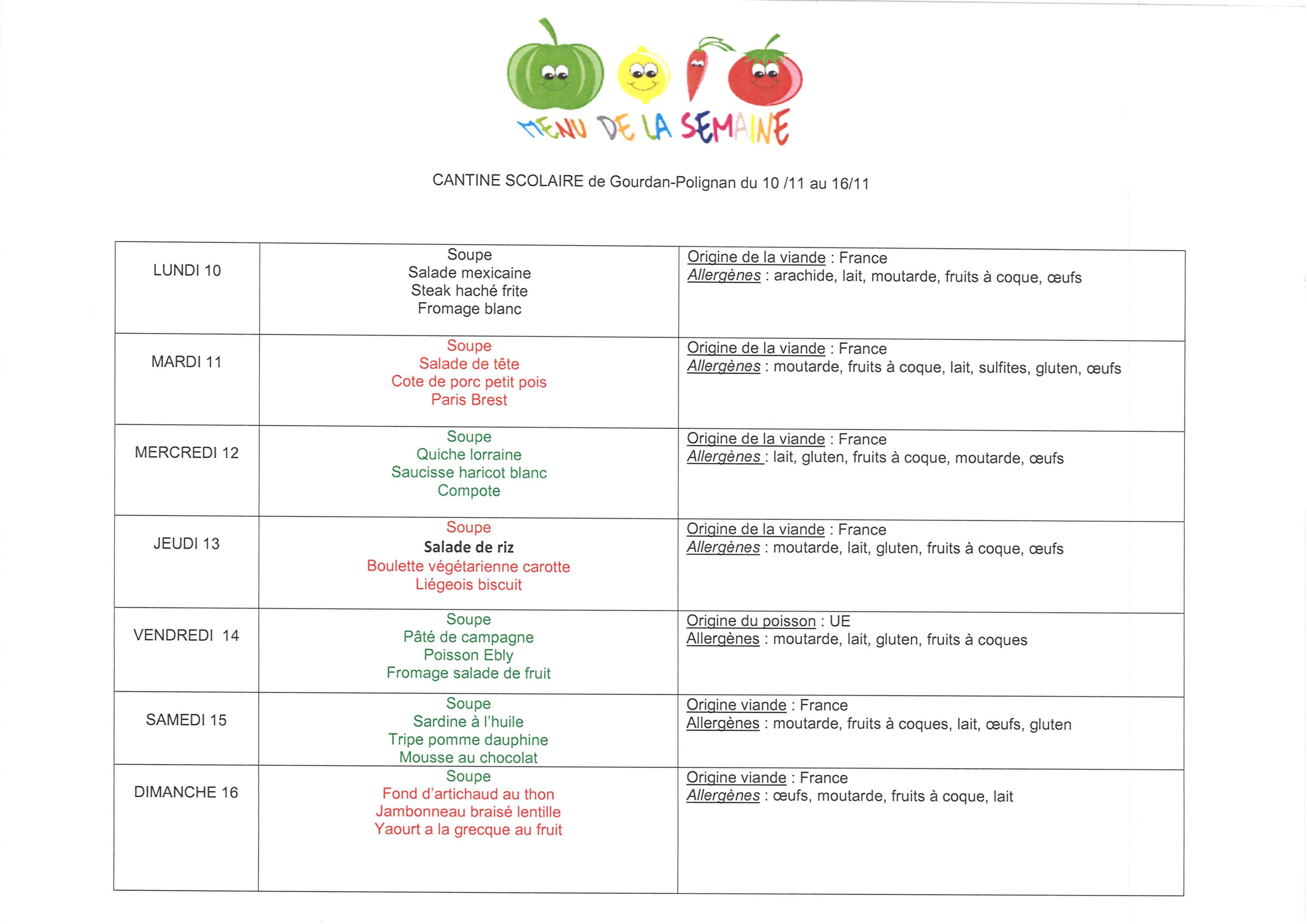 Menus du 10 au 16 novembre 2025