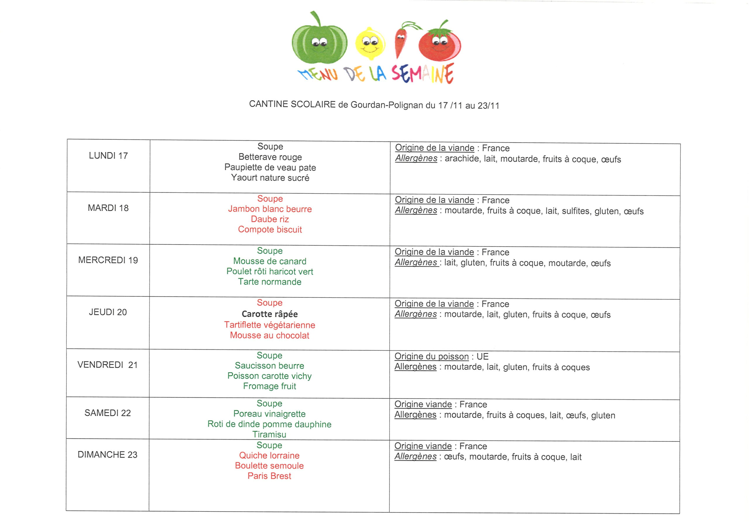 Menus du 17 au 23 novembre 2025