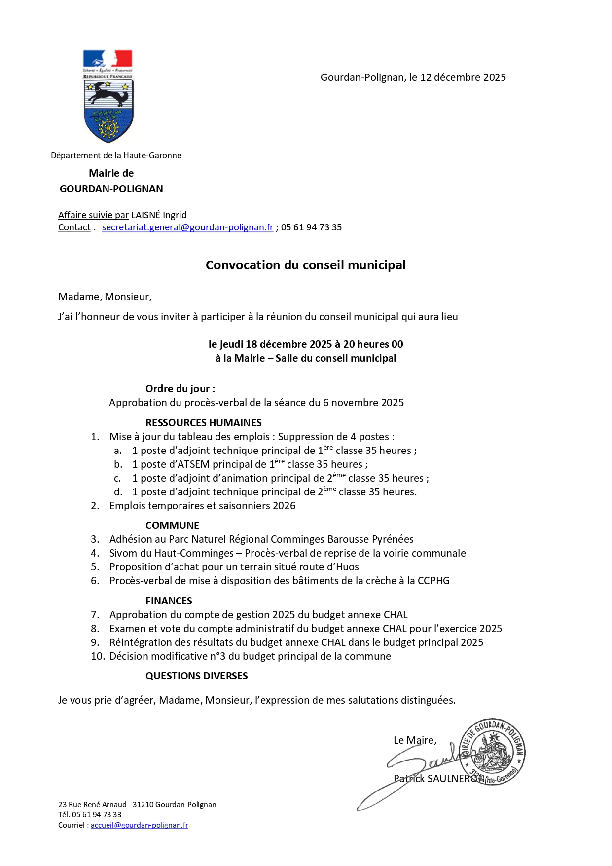 Conseil municipal du 18 décembre 2025