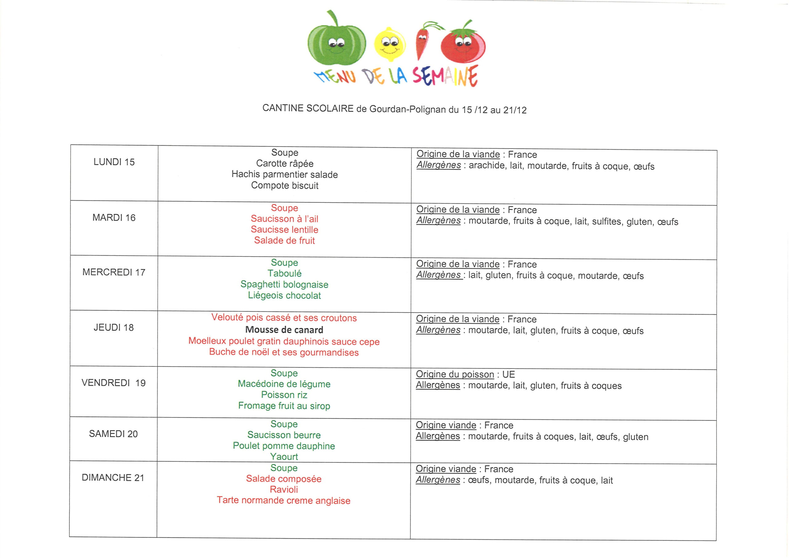 Menus du 15 au 21 décembre 2025