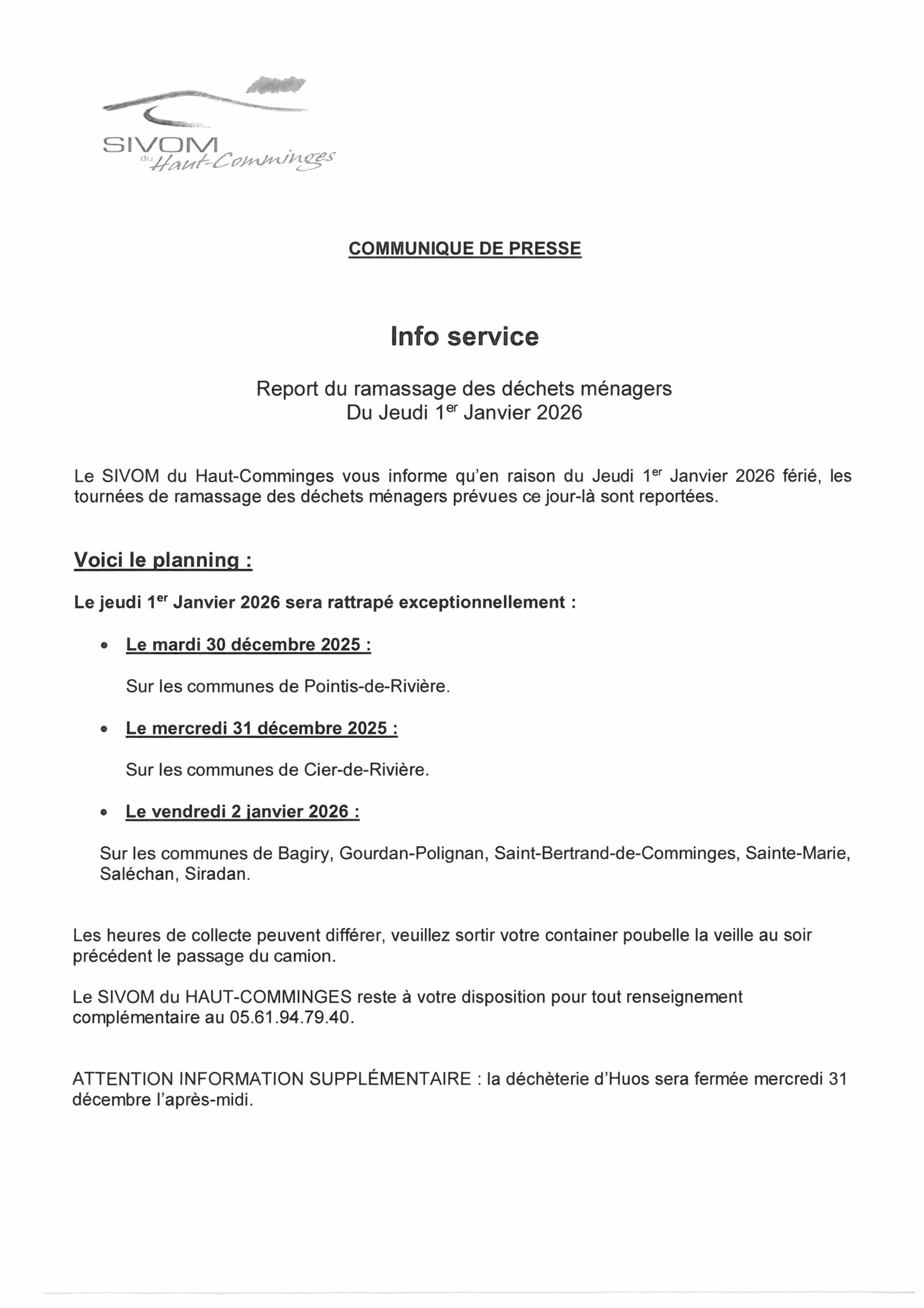 Report du ramassage des ordures ménagères du jeudi 01 janvier 2026
