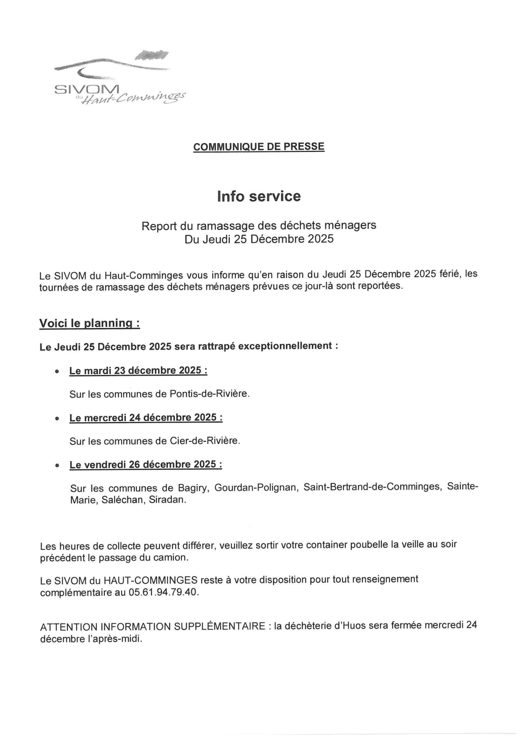 Report du ramassage des ordures ménagères du jeudi 25 décembre 2025