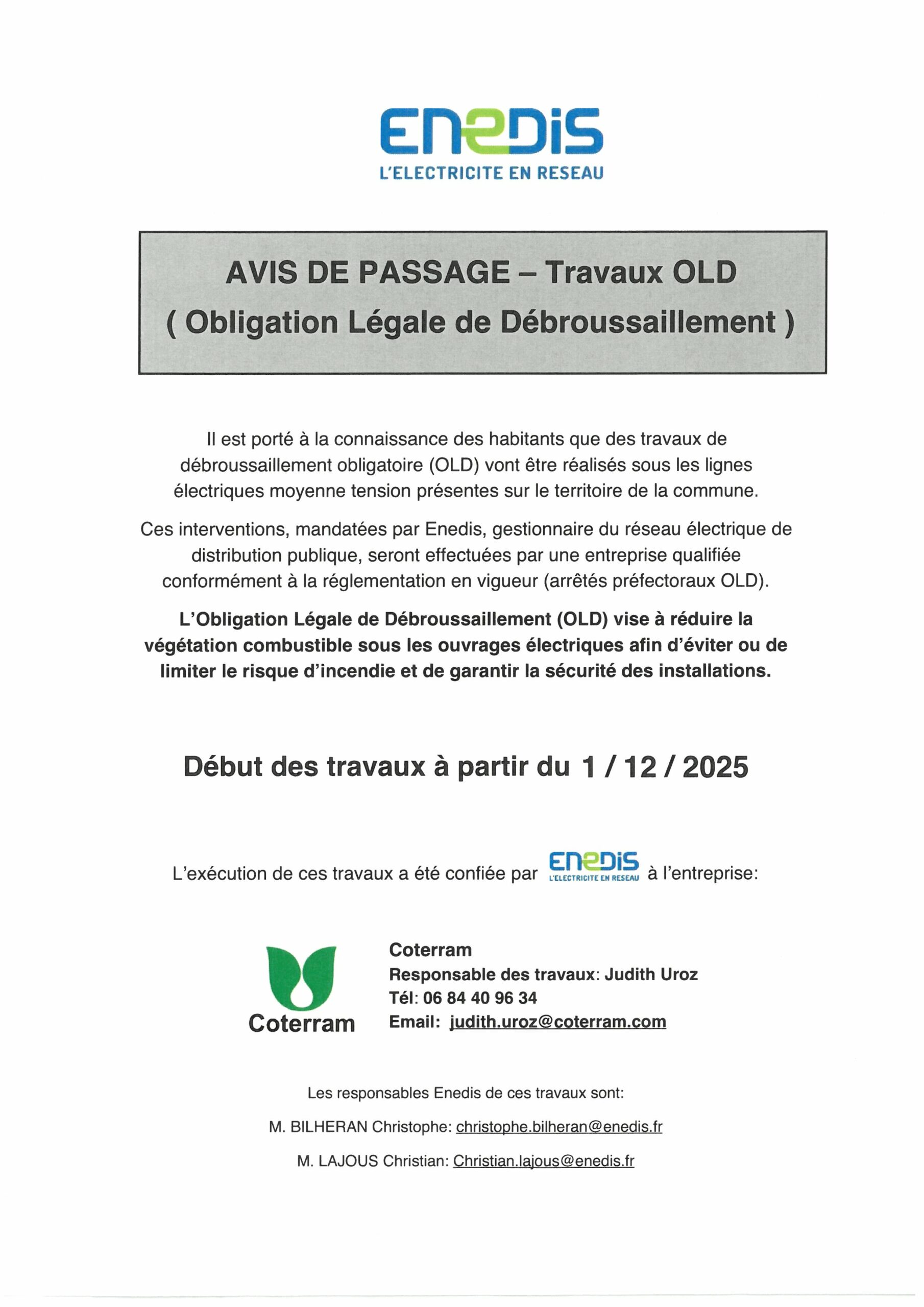 Avis de passage – Travaux de débroussaillement – Société ENEDIS