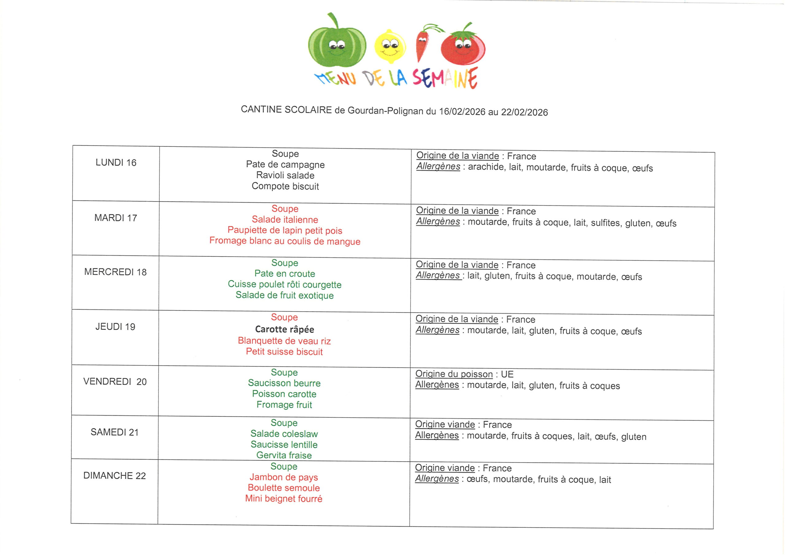 Menus du 16 au 22 février 2026