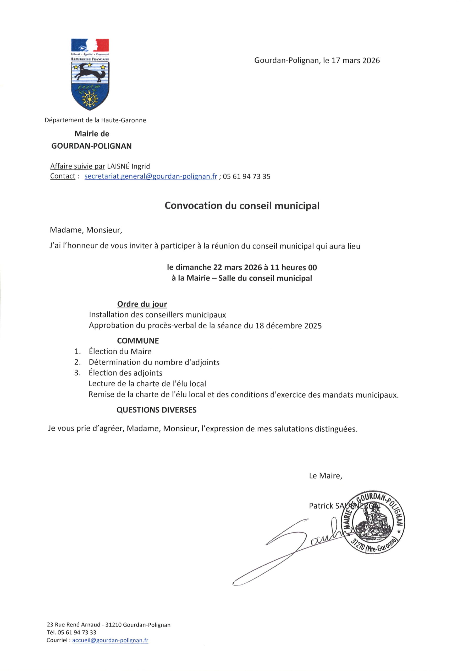 Conseil municipal : Installation du nouveau conseil et élection du Maire et des adjoints