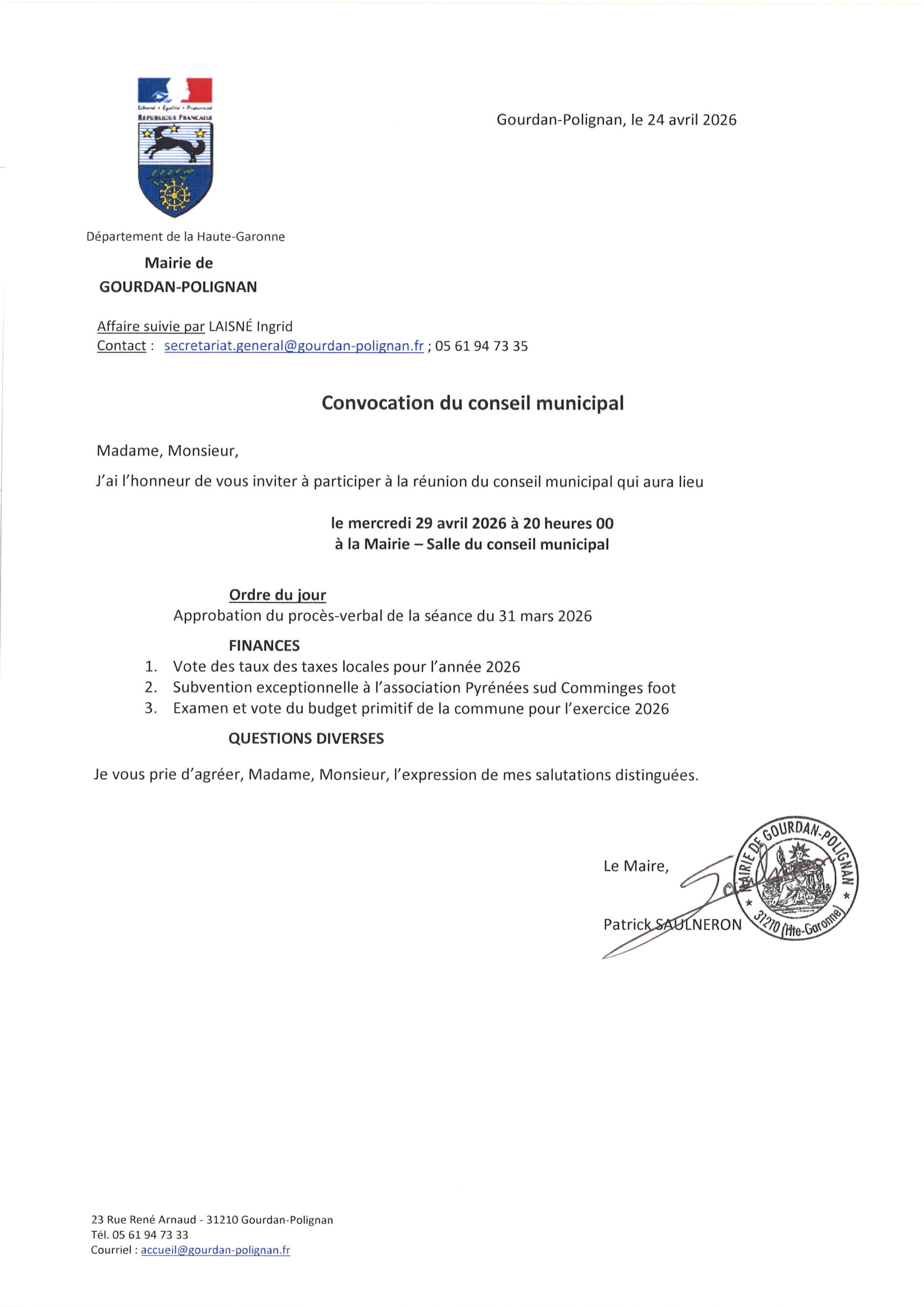 Conseil municipal du 29 avril 2026