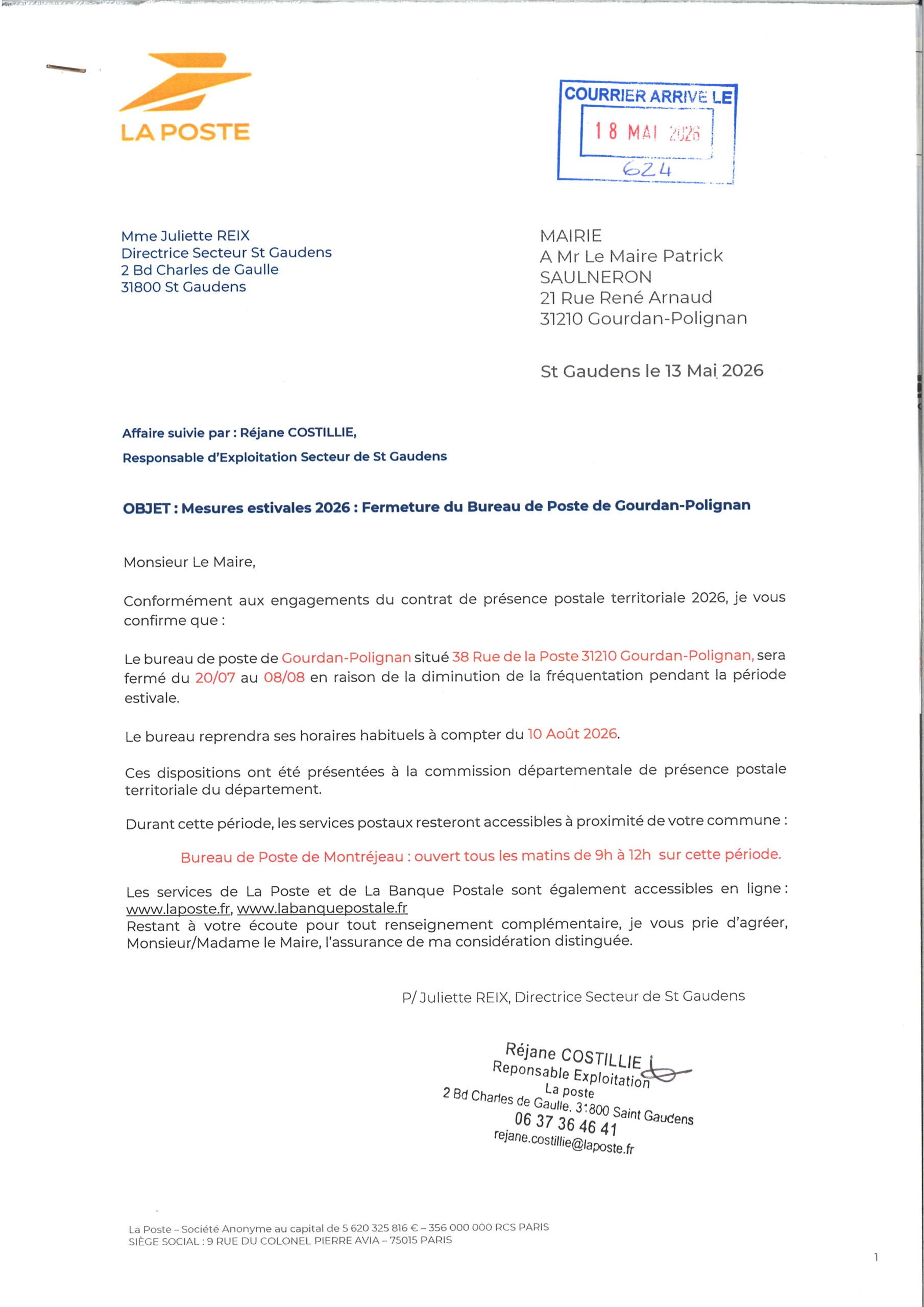 Bureau de poste – Fermeture estivale du 20/07/26 au 08/08/26
