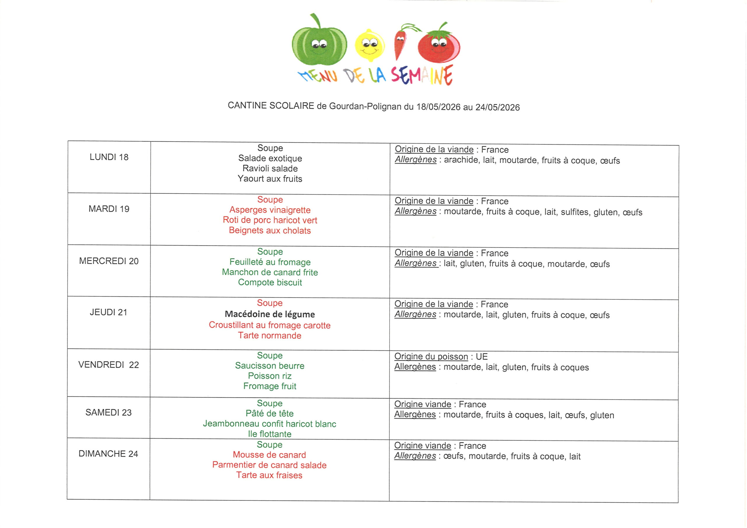 Menus du 18 au 24 mai 2026