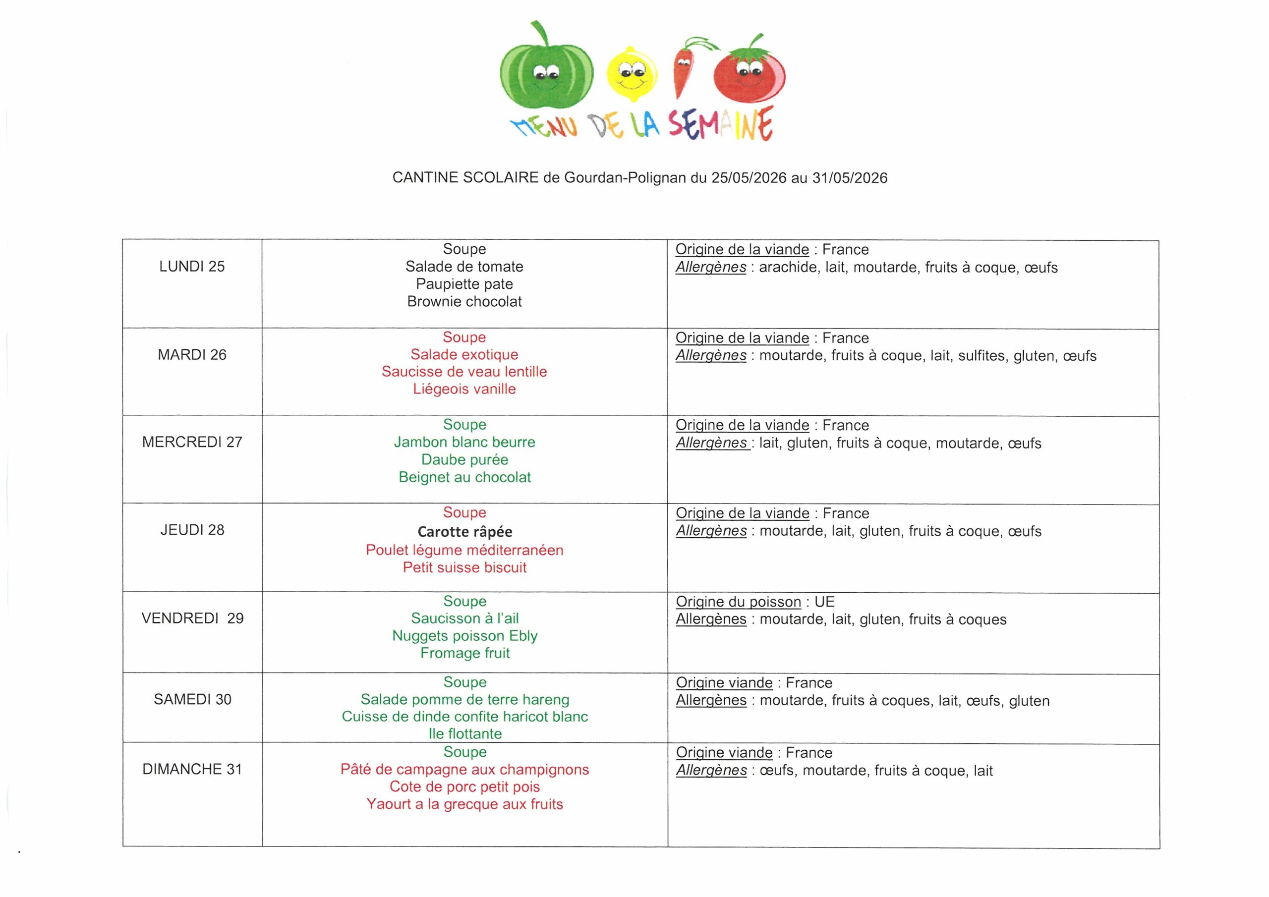 Menus du 25 au 31 mai 2026