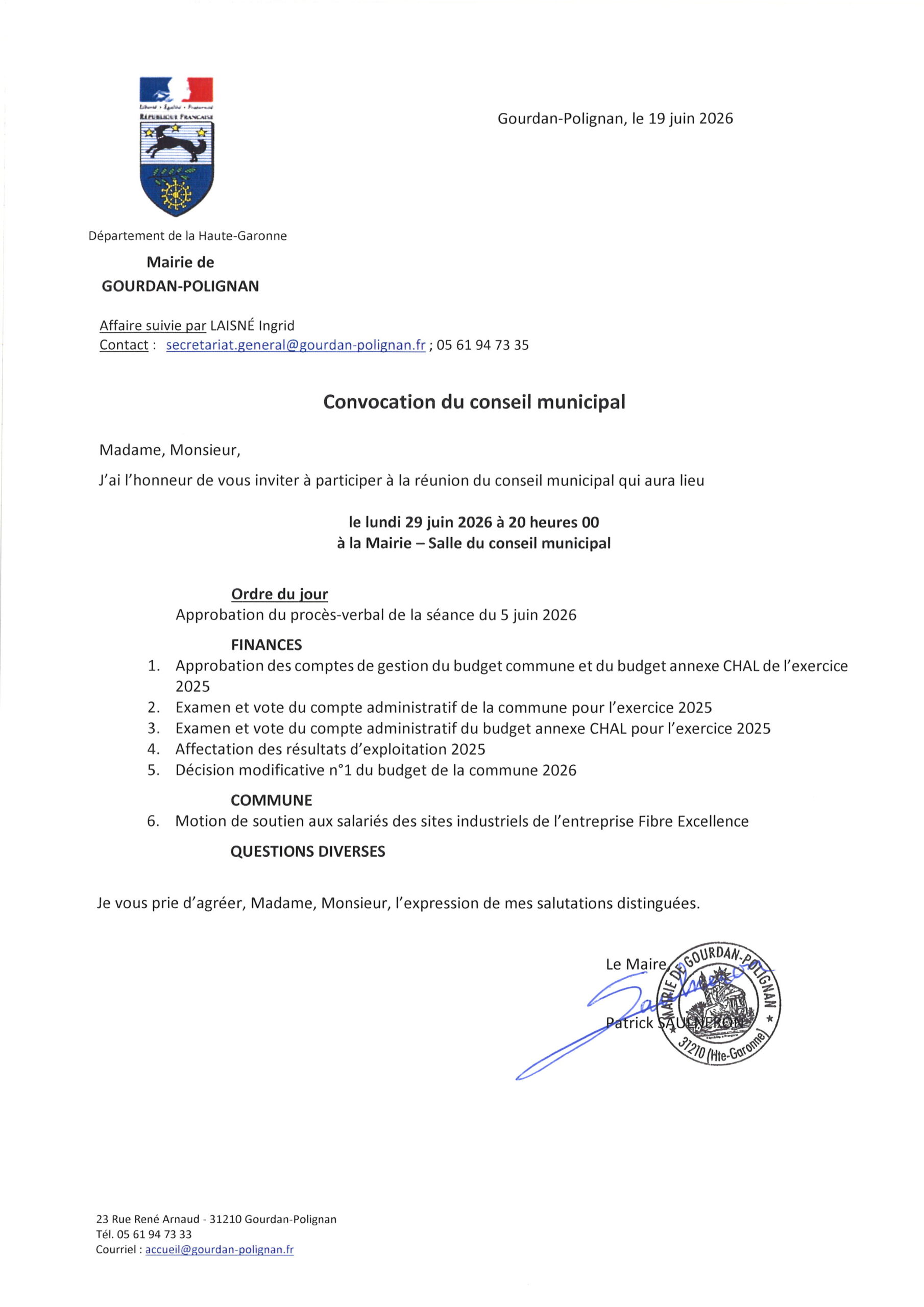 Conseil municipal du 29 juin 2026