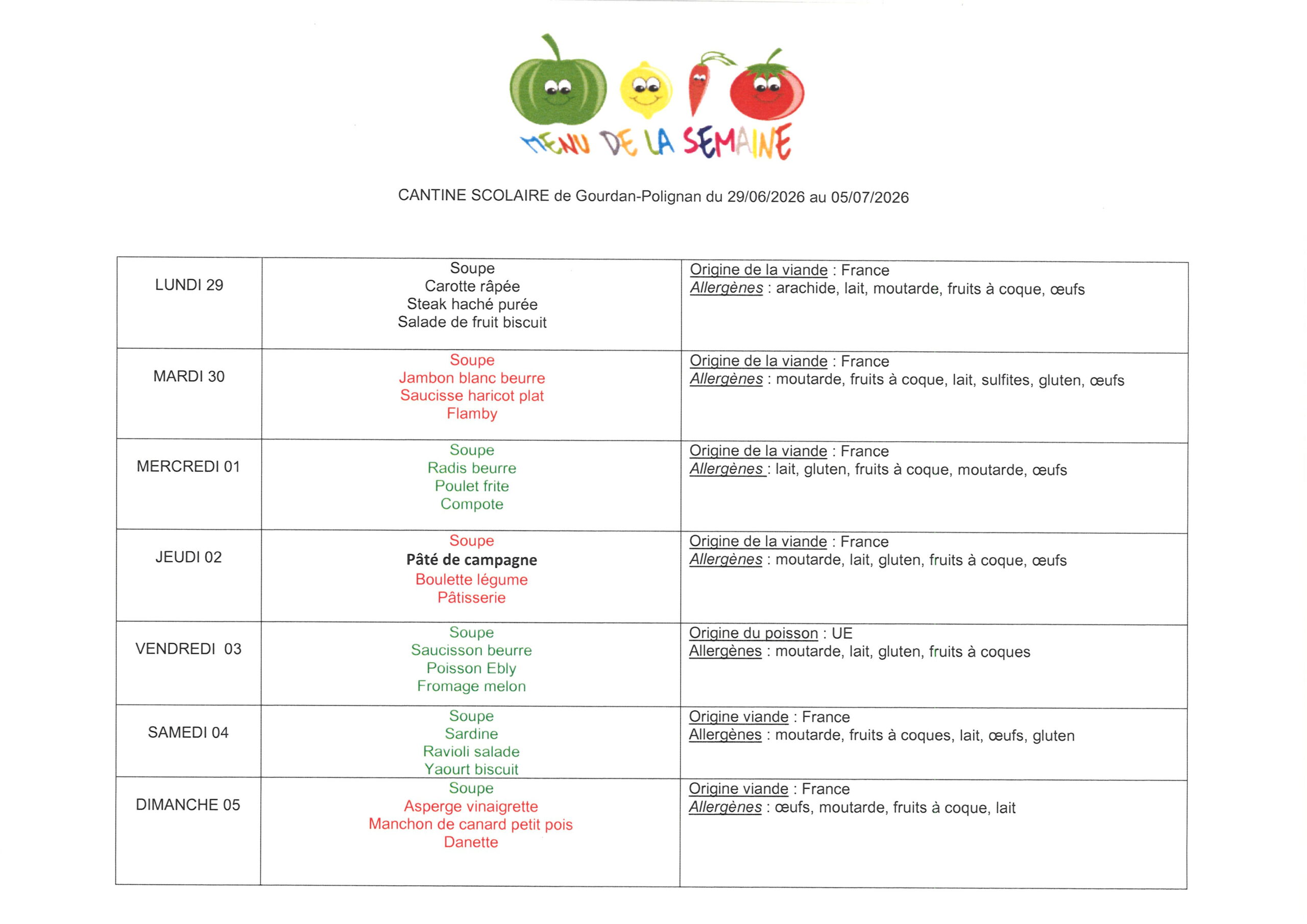 Menus du 290626 au 050726