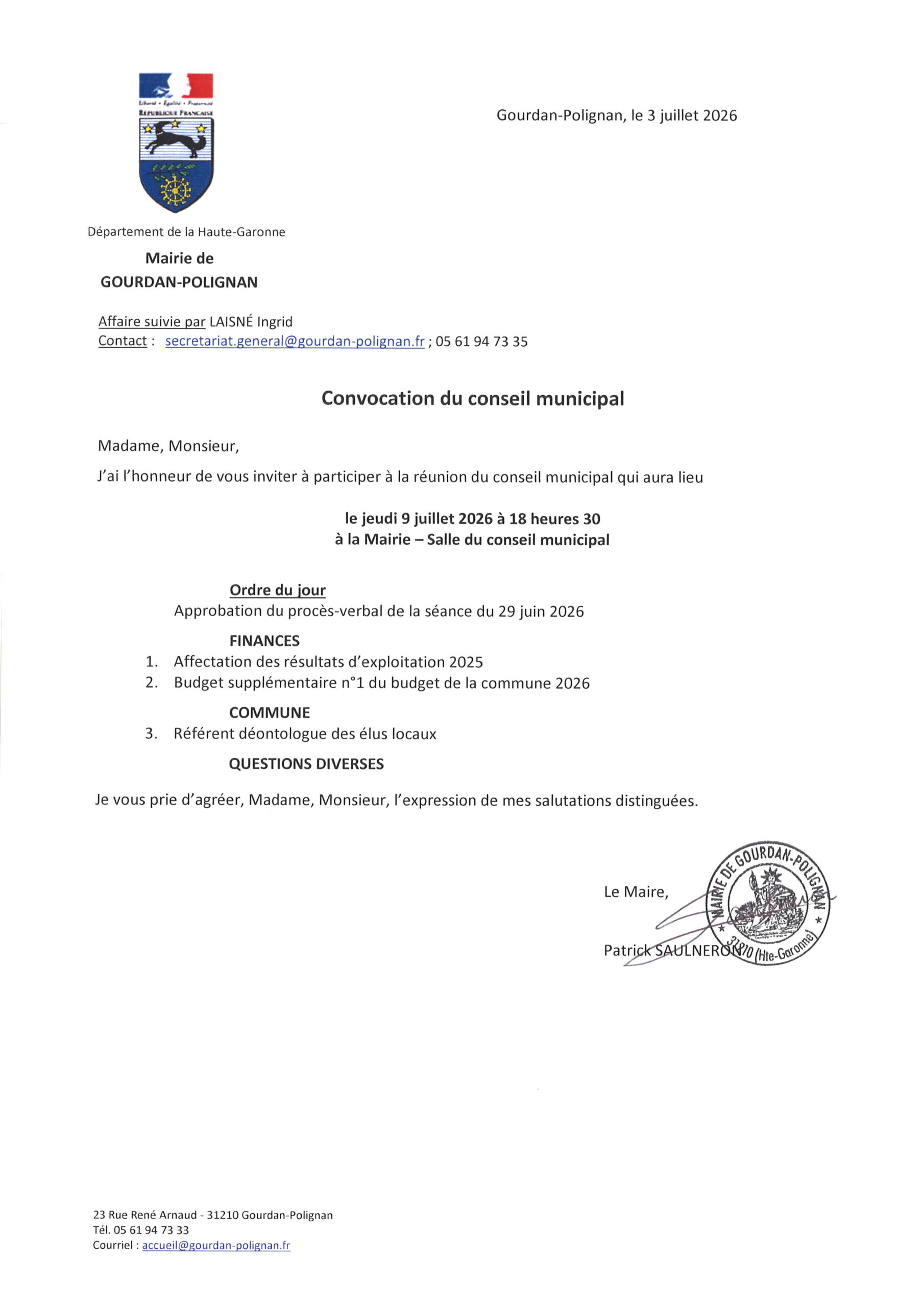 Conseil municipal du 9 juillet 2026