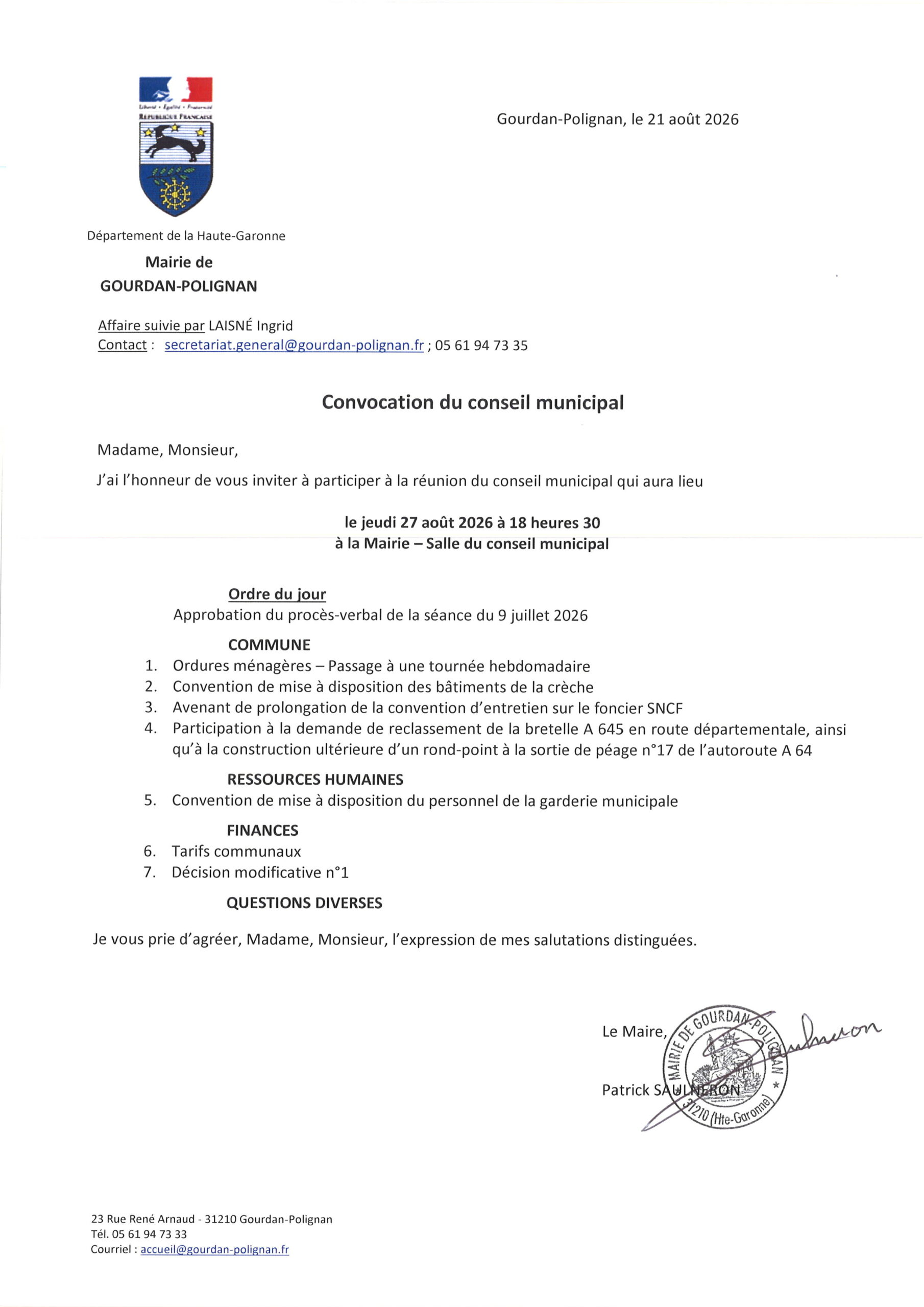 Prochain conseil municipal le 27 août 2026