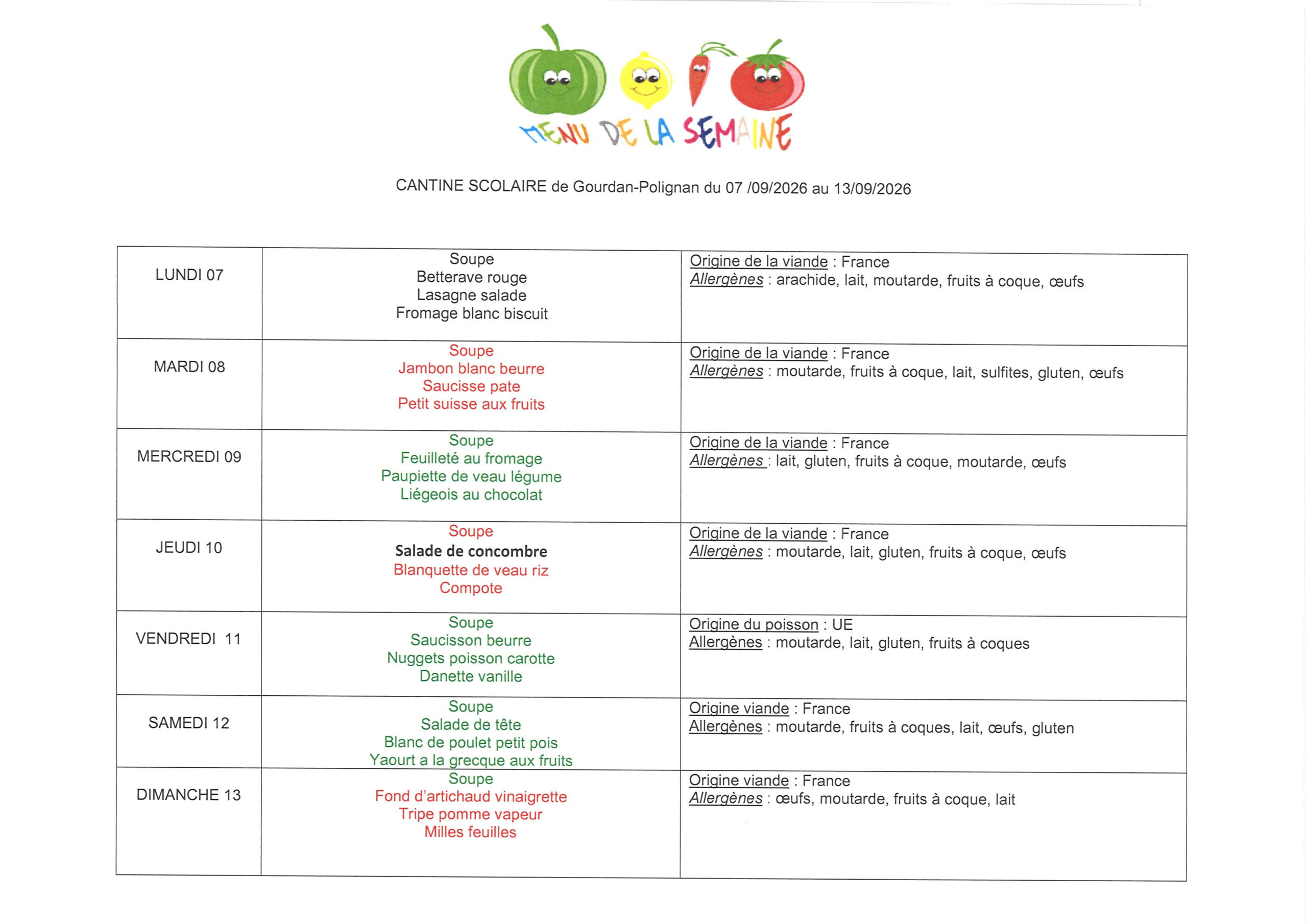 Menus du 070926 au 130926