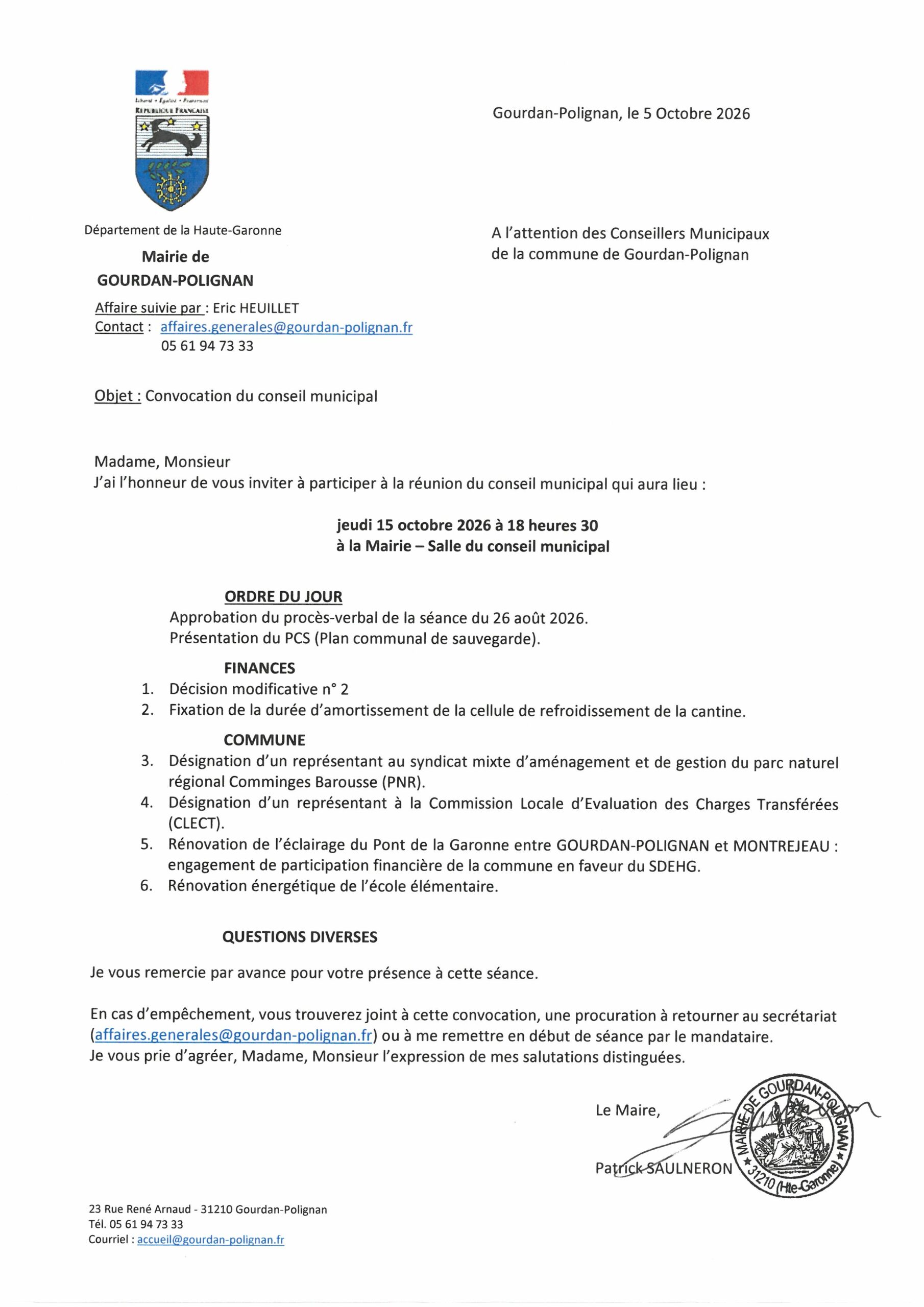 Convocation du conseil municipal